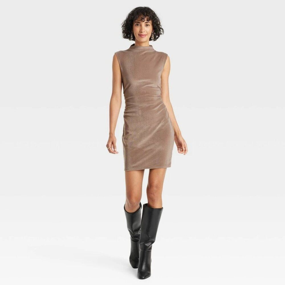 Women's Mini Velvet Ruched Dress - a New Day Brown S NWT